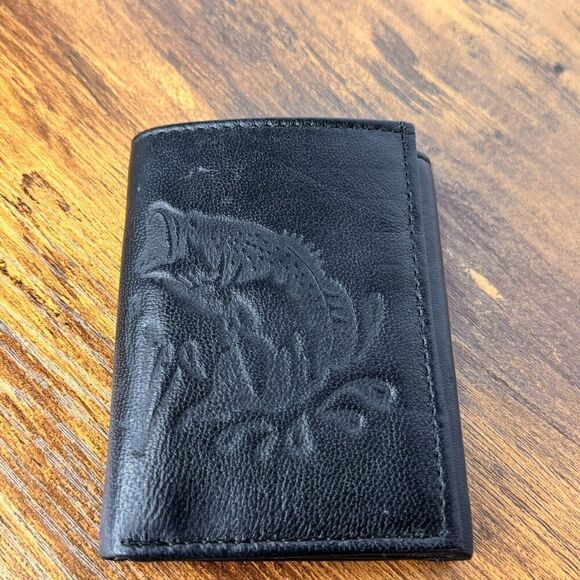 Trifold Genuine Leather Wallet with Embossed Bass Fish Print Black Small 4”x3” - Picture 2 of 8